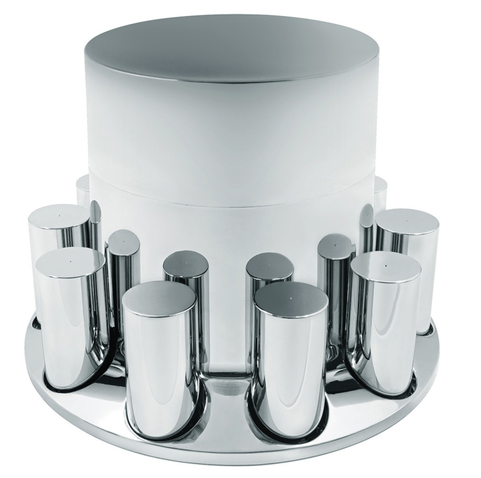Rear Axle Wheel Cover "Extra Tall Flat Top" With 10 Thread-On Nut Covers, High Quality Chrome Plated ABS Plastic