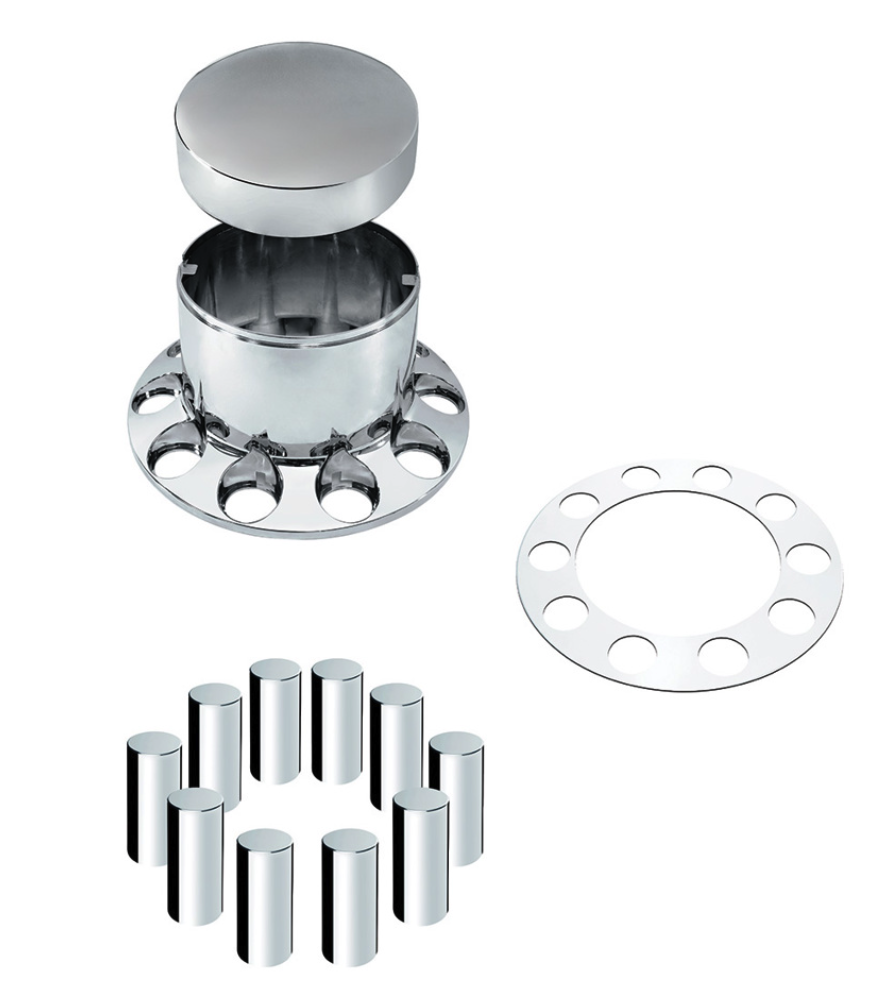 Rear Axle Wheel Cover "Extra Tall Flat Top" With 10 Thread-On Nut Covers, High Quality Chrome Plated ABS Plastic