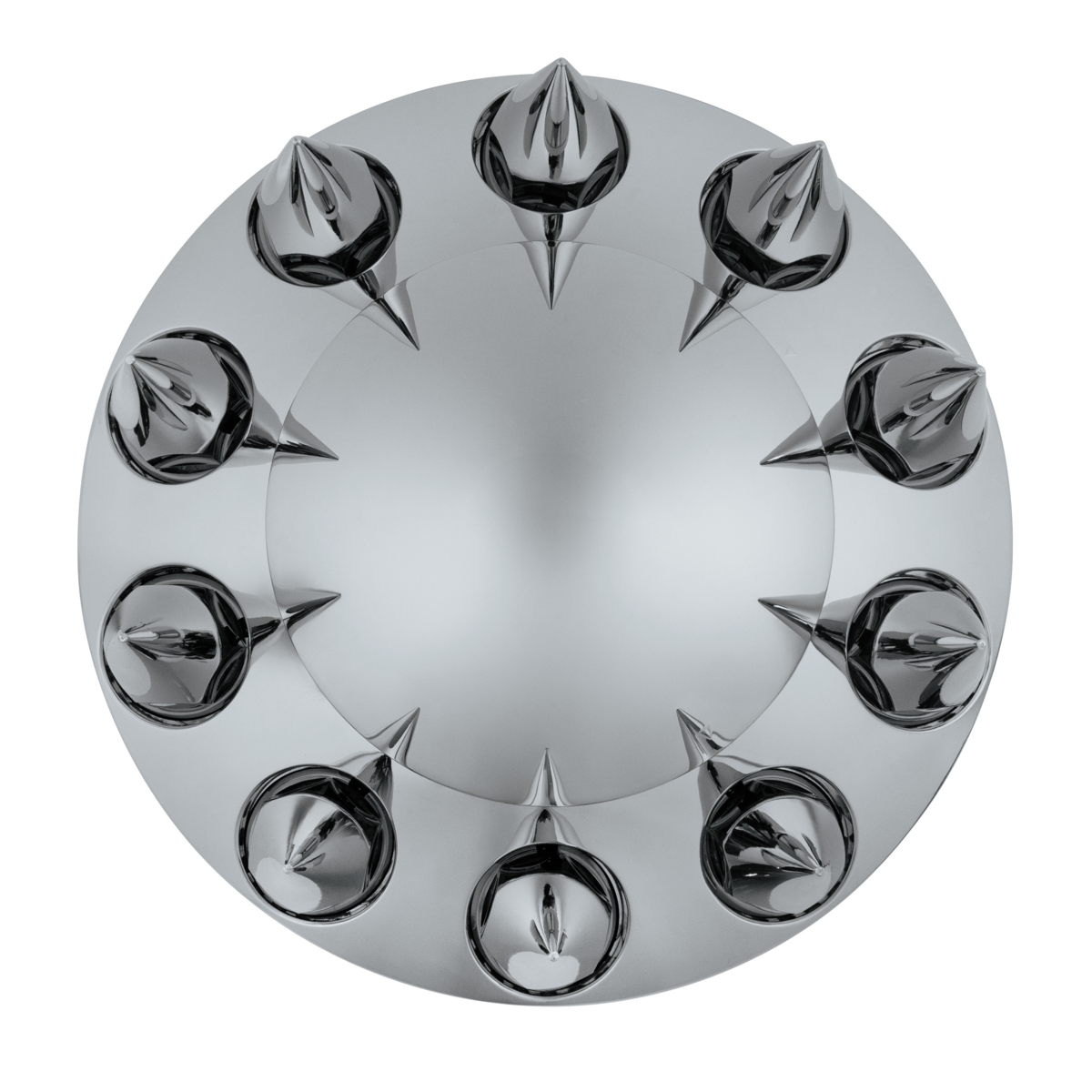 Rounded Chrome Front Axle Cover With 4-3/4" Super Spike Push-On Nut Covers