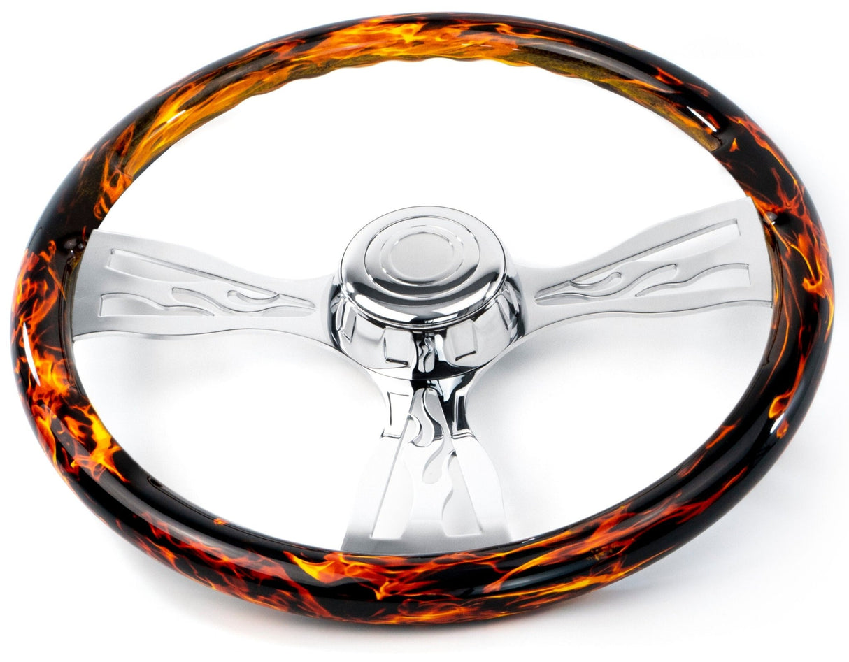 18 Inch Fire Design Wood Steering Wheel with 3 Chrome Flame Spokes - HD Truck Source