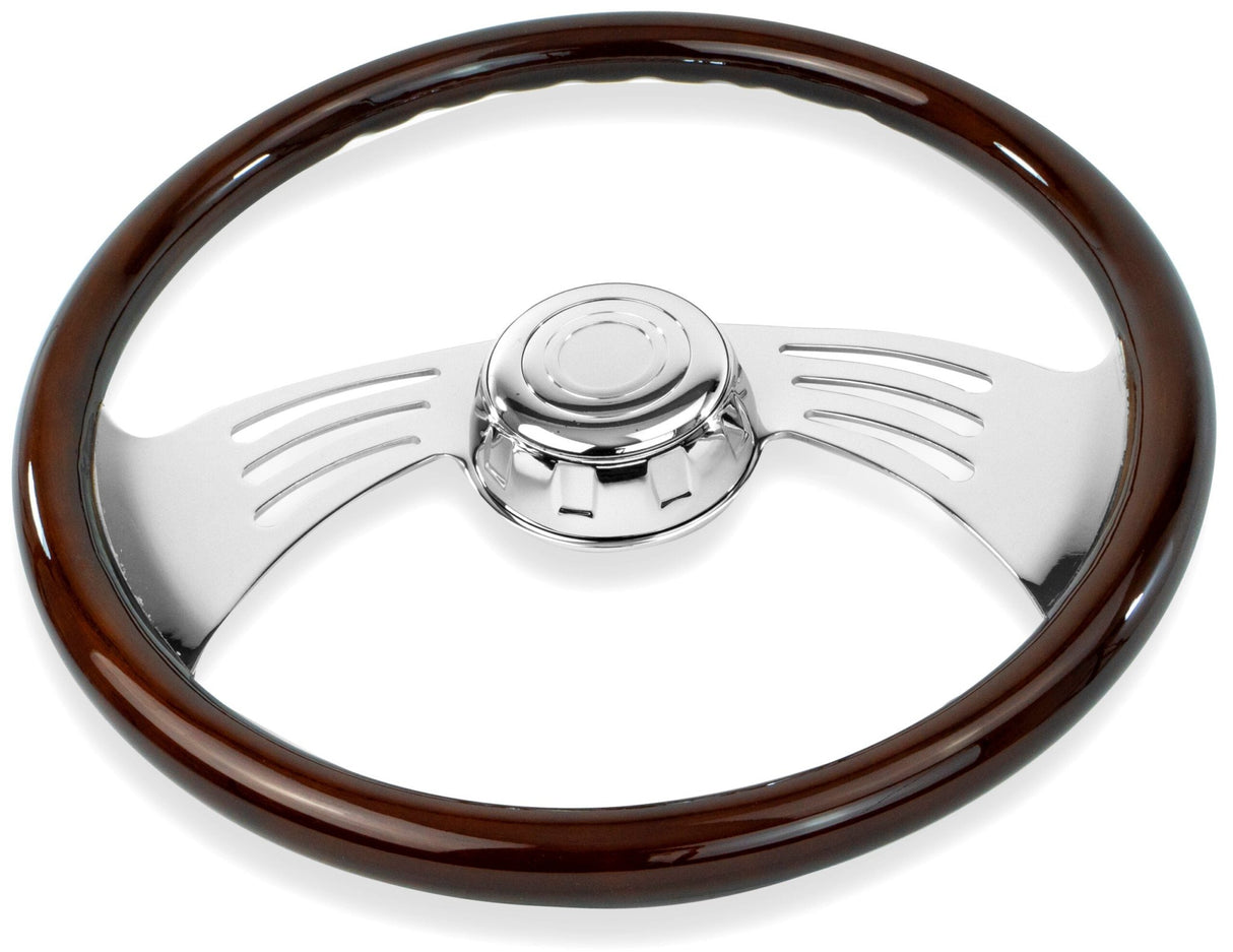 18 Inch Mahogany Wood Steering Wheel with Chrome Wing Spokes - HD Truck Source