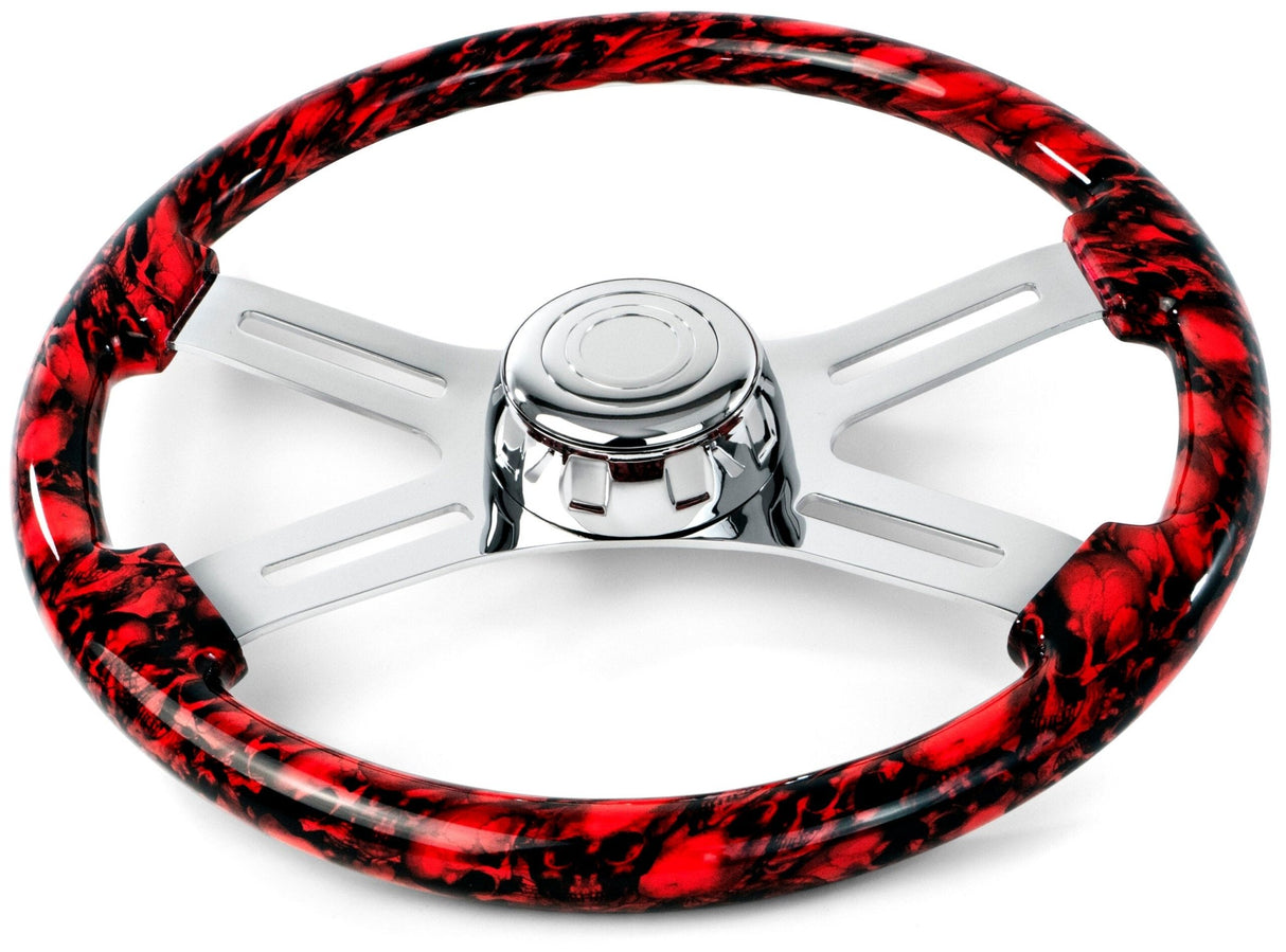 18 Inch Skull Design Red Wood Steering Wheel with 4 Chrome Spokes - HD Truck Source