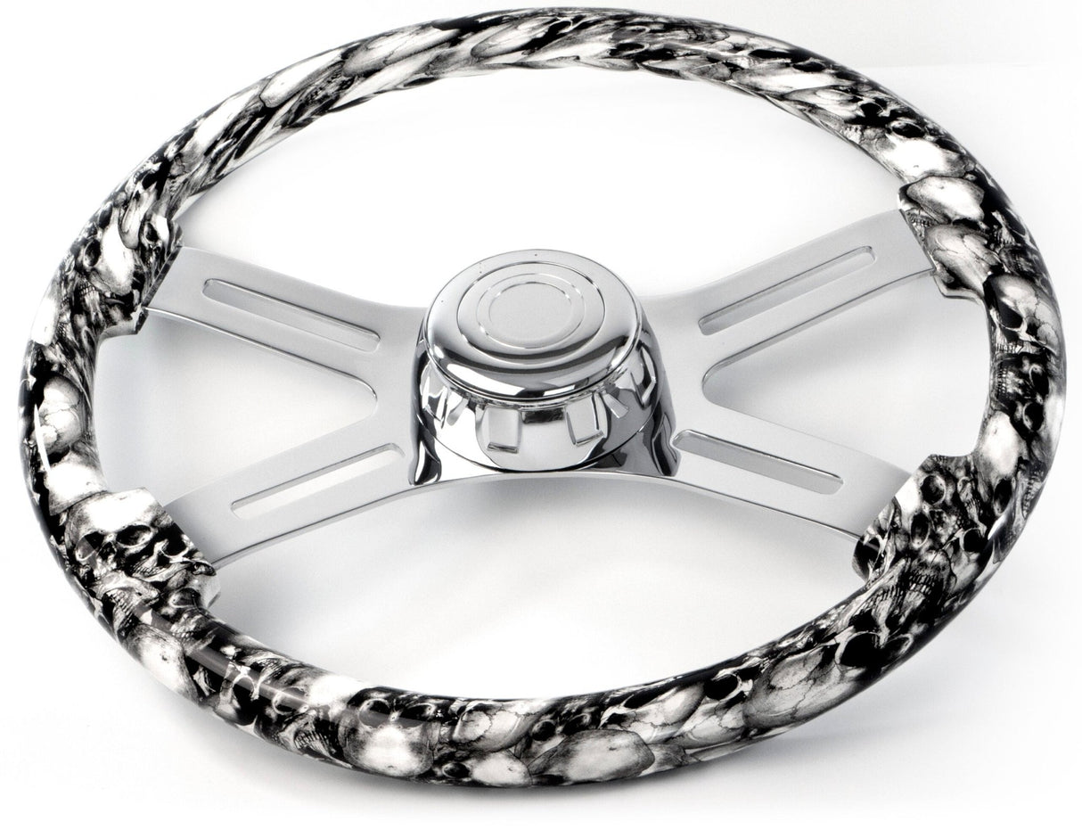 18 Inch Skull Design White Wood Steering Wheel with 4 Chrome Spokes - HD Truck Source