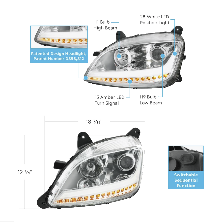 Peterbilt 579 (2012-2021) - Projection Headlight With LED Position Light & Sequential Signal
