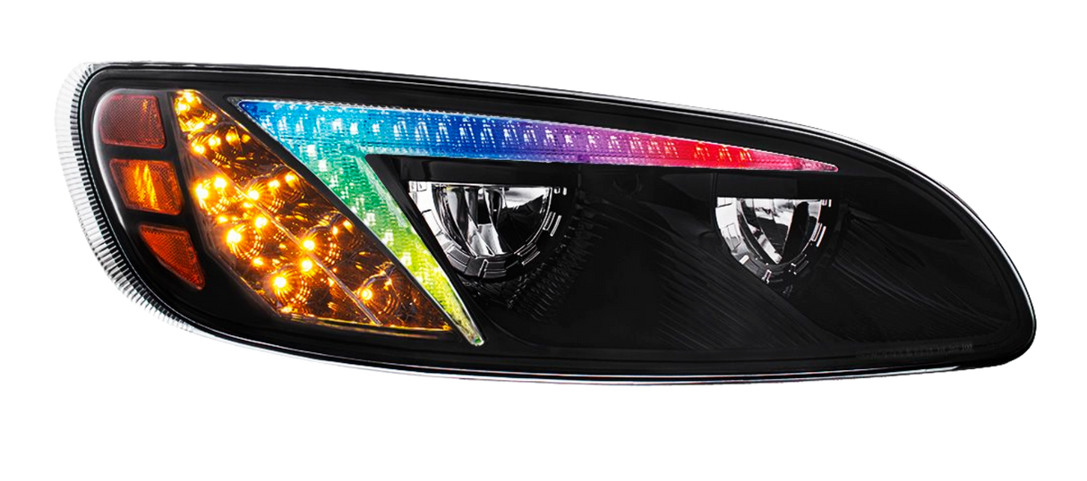 Peterbilt 386 (2006-2016) and 387 (2000-2011) - LED Headlight With Color Changing Position Light Bar