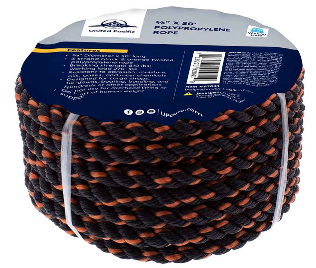 Rope - 3/8" x 50', 3-Strand Twisted Black & Orange Polypropylene