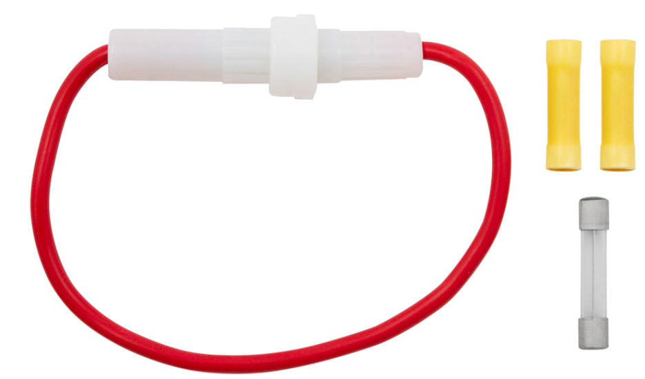 Fuseholder In-Line Glass 12 AWG 6.5 Inch Wire With One 20 Amp AGC Fuse & Two Vinyl Terminals, 1 Set.