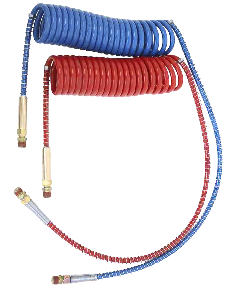 Air Brake Line Heavy Duty Nylon Coil Assembly With Brass Fittings, 15 Foot Red and Blue Set