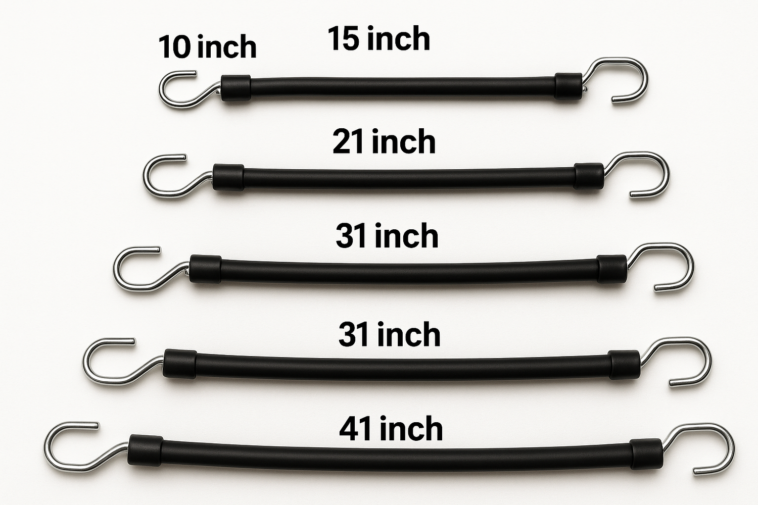 black Rubber bungee straps with silver s hook ends in lengths of 10", 15", 21", 31", 41" - HD Truck Source