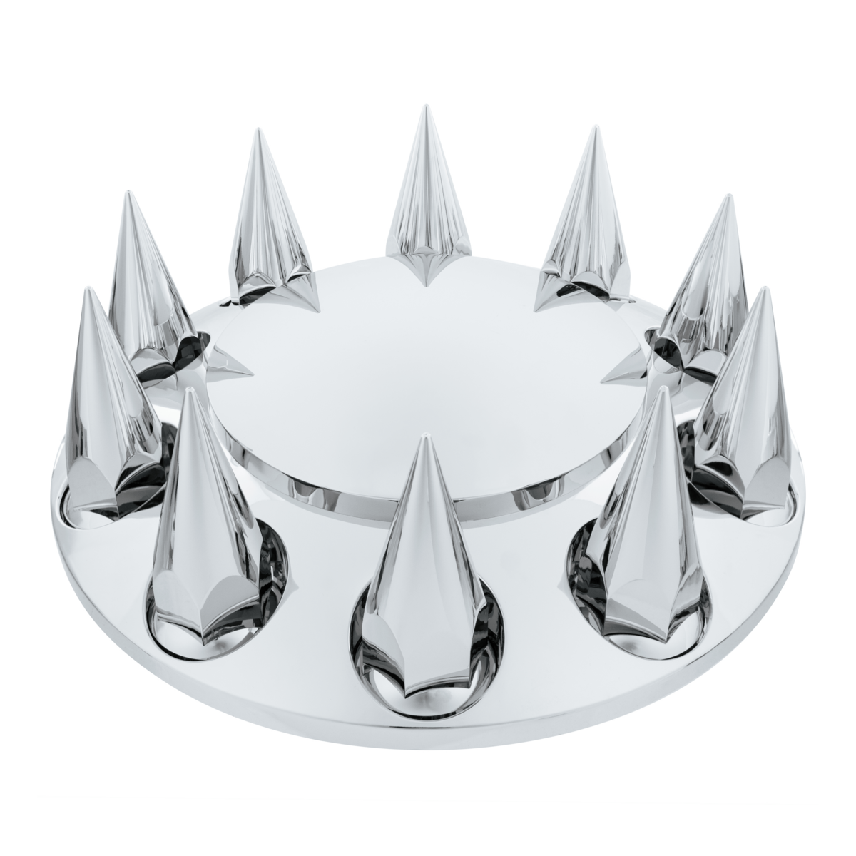 Rounded Chrome Front Axle Cover With 4-3/4" Super Spike Push-On Nut Covers