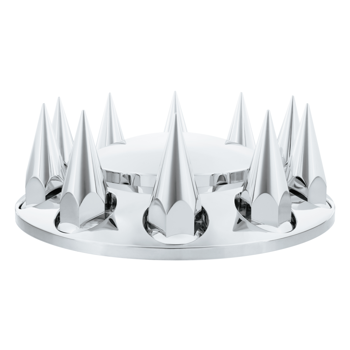 Rounded Chrome Front Axle Cover With 4-3/4" Super Spike Push-On Nut Covers