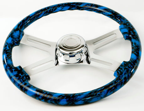 18 Inch Skull Design Blue Wood Steering Wheel with 4 Chrome Spokes - HD Truck Source