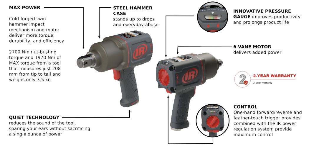 3/4 Inch Air Impact Wrench, Quiet, 2000 ft-lb Torque