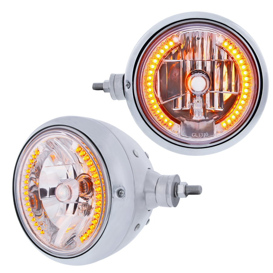 Stainless Steel Guide 682-C Style Headlight Assembly With Crystal Lens & 34 LEDs Position Light - Horizontal Mount