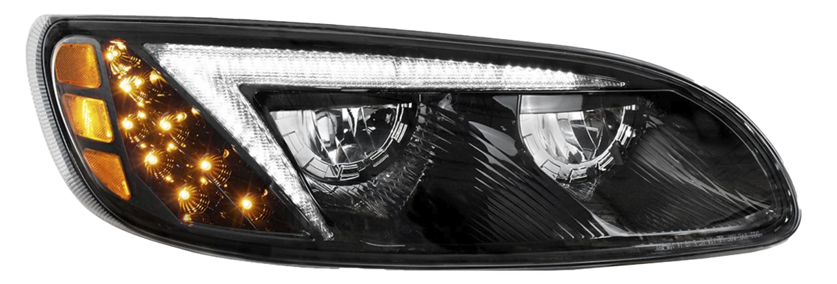 Car headlight with clear lens and amber LED indicators