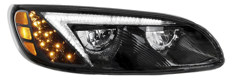 Car headlight with clear lens and amber LED indicators