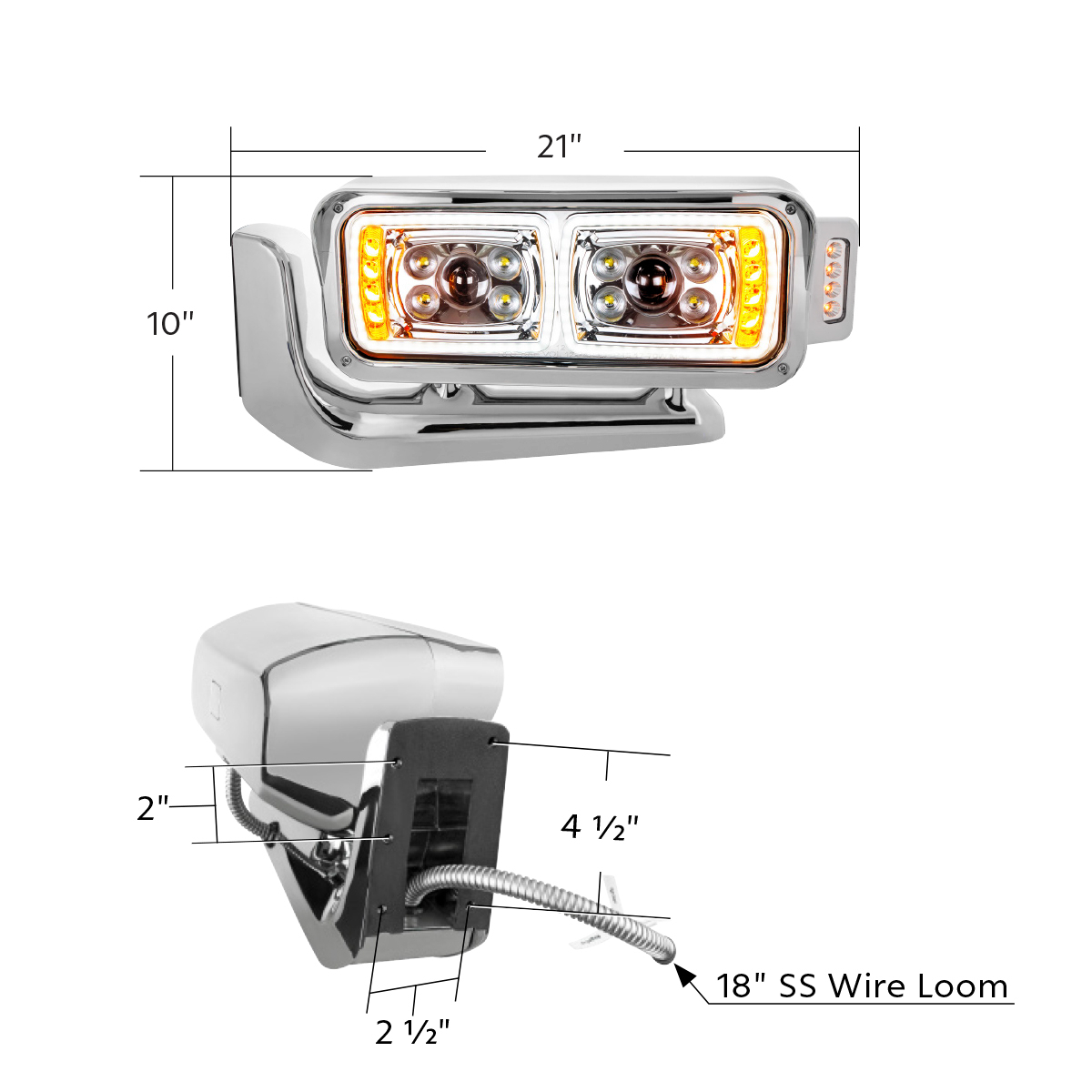 Peterbilt 379 - 10 High Power LED Projection Headlight Assembly With Mounting Arm & Turn Signal Side Pod