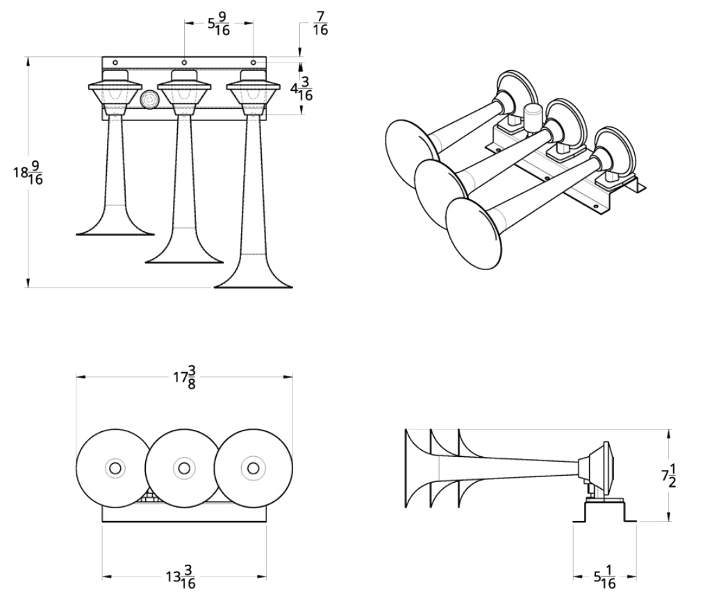 3 Trumpet Horizontal Chrome Train Horn