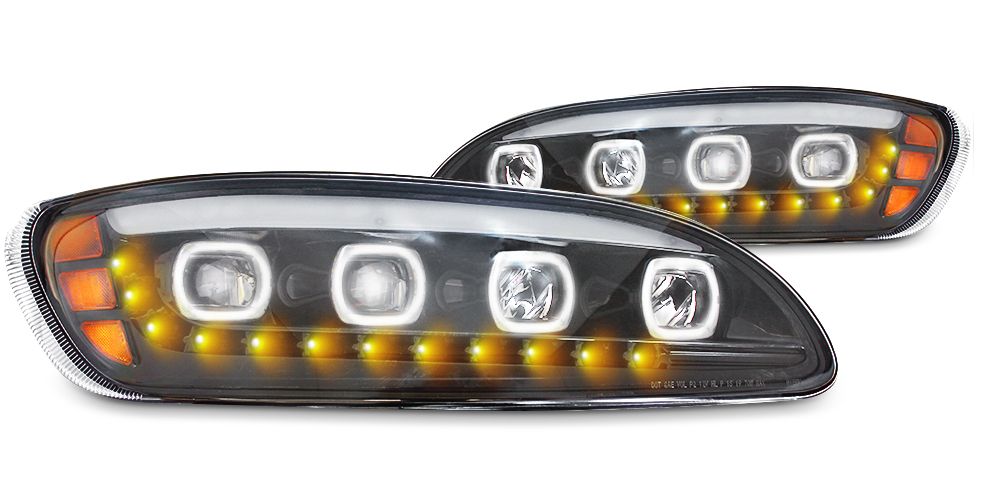 Peterbilt 386/387 LED Headlight w/Halo & Sequential Turn Signal Black (Driver)