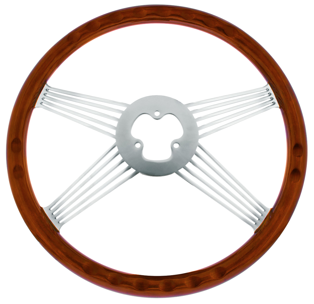 18" Chrome 4 Spoke With Wire Cutout Steering Wheel With Horn Bezel & Button-Wood Grain