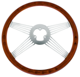 18" Chrome 4 Spoke With Wire Cutout Steering Wheel With Horn Bezel & Button-Wood Grain