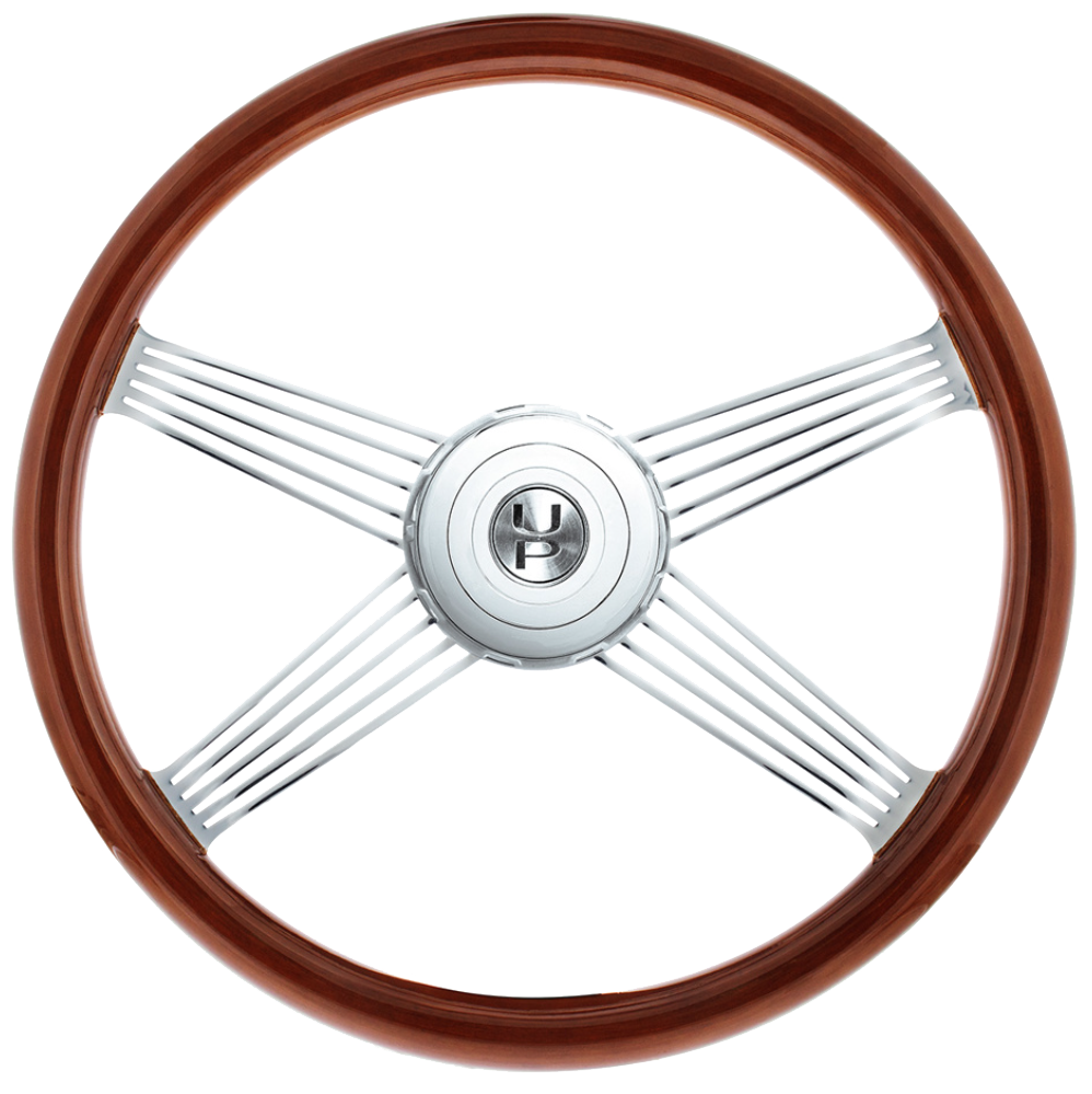 18" Chrome 4 Spoke With Wire Cutout Steering Wheel With Horn Bezel & Button-Wood Grain