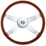 18" Chrome 4 Spoke With Wire Cutout Steering Wheel With Horn Bezel & Button-Wood Grain