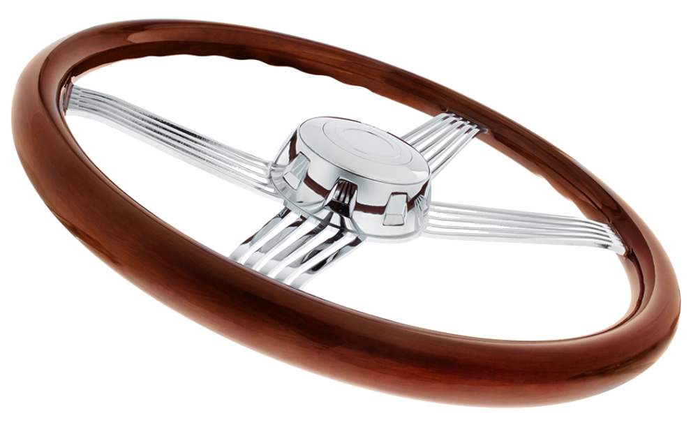 18" Chrome 4 Spoke With Wire Cutout Steering Wheel With Horn Bezel & Button-Wood Grain