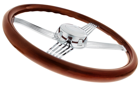 18" Chrome 4 Spoke With Wire Cutout Steering Wheel With Horn Bezel & Button-Wood Grain