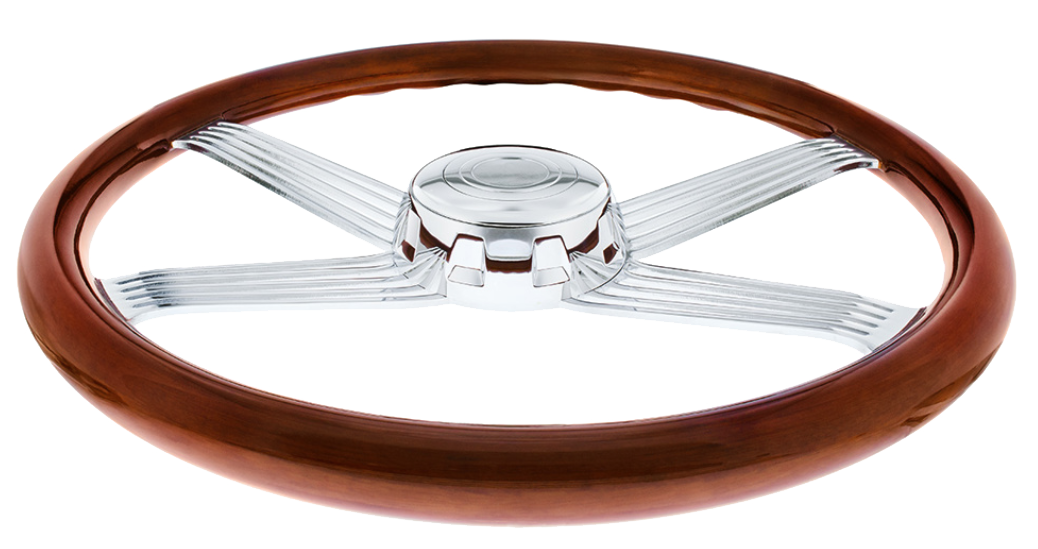 18" Chrome 4 Spoke With Wire Cutout Steering Wheel With Horn Bezel & Button-Wood Grain