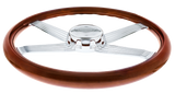 18" Chrome 4 Spoke With Wire Cutout Steering Wheel With Horn Bezel & Button-Wood Grain