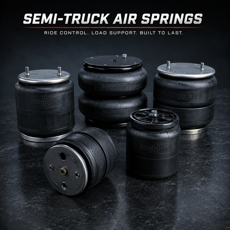 Semi-truck air springs on a dark surface with branding text.
