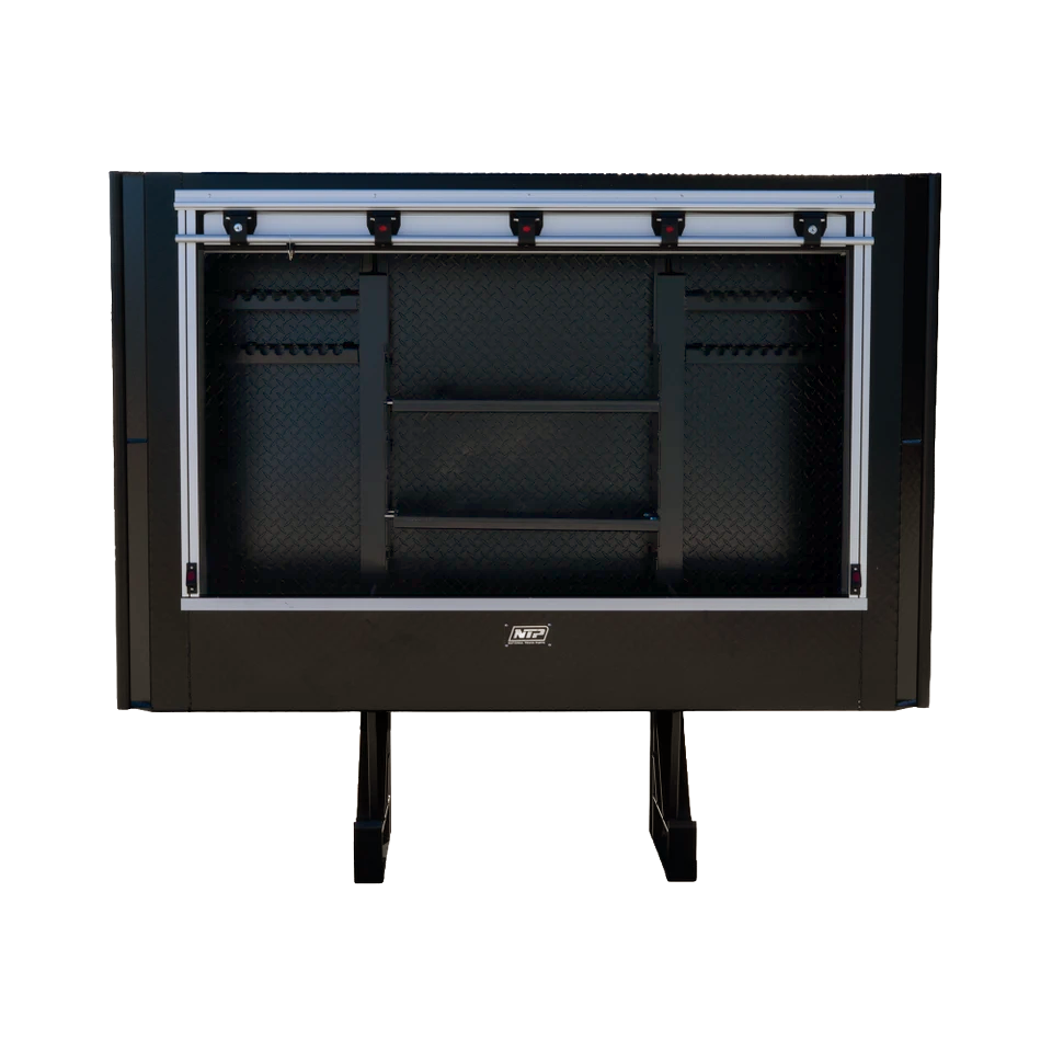 Black Aluminum Semi Truck Headache Rack with Roll-Up Door & Storage