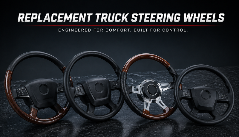 Four steering wheels with different designs on a dark background, featuring text about replacement truck steering wheels.