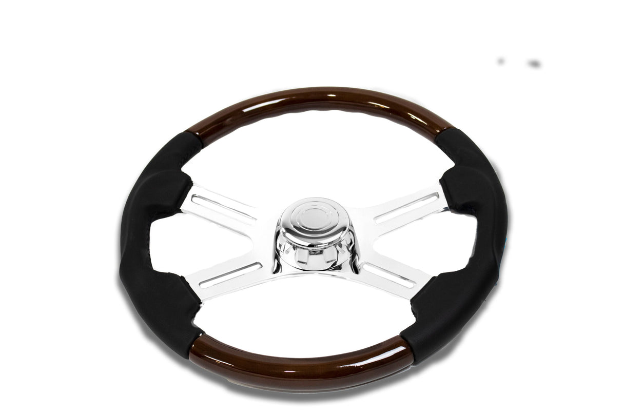 18 Inch Leather and Wood Steering Wheel with 4 Chrome Spokes