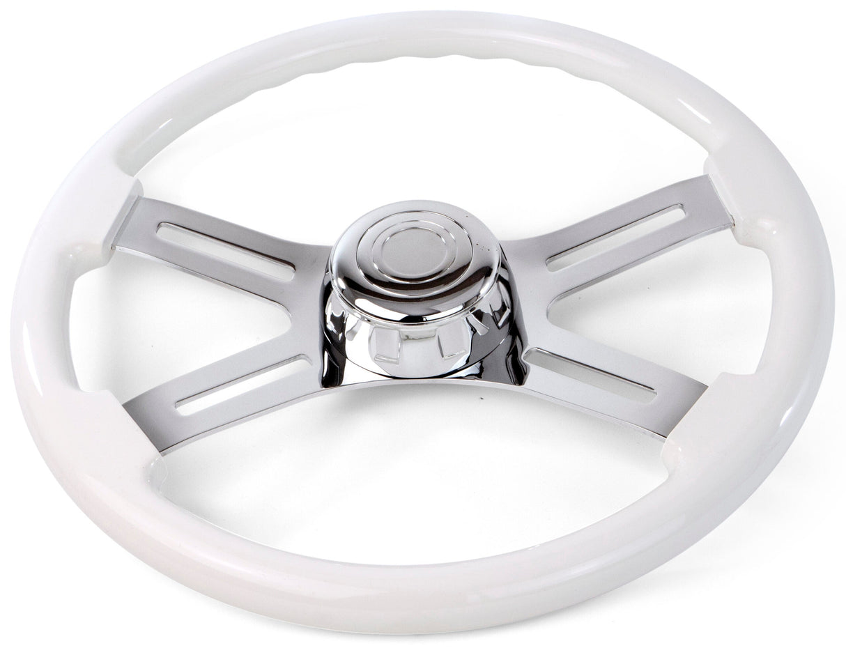 18 Inch White Wood Steering Wheel with 4 Chrome Spokes