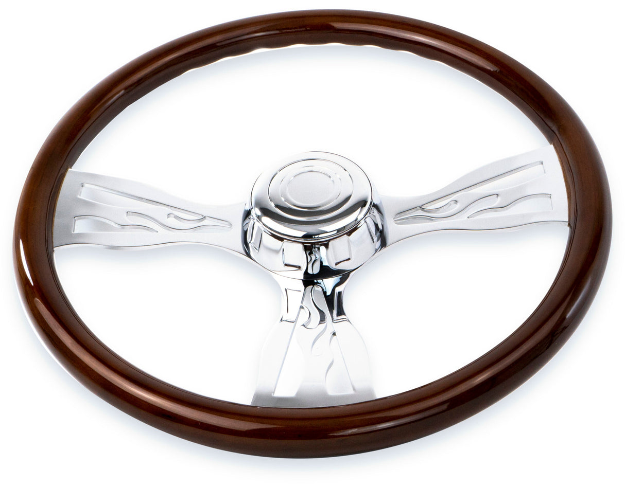 18 Inch Wood Steering Wheel with Chrome Flame Design Spokes