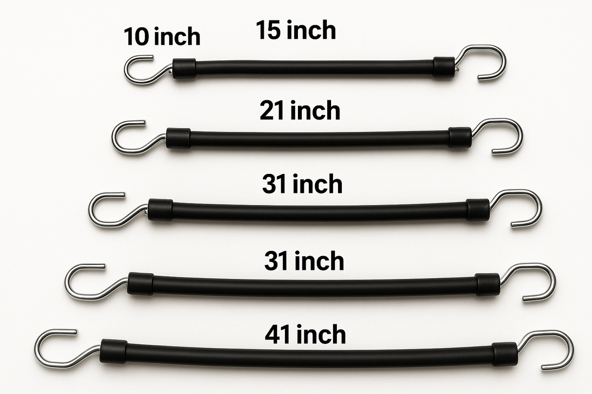 black Rubber bungee straps with silver s hook ends in lengths of 10", 15", 21", 31", 41" - HD Truck Source