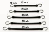 black Rubber bungee straps with silver s hook ends in lengths of 10", 15", 21", 31", 41" - HD Truck Source