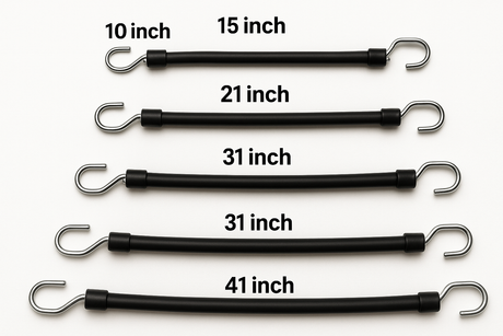black Rubber bungee straps with silver s hook ends in lengths of 10", 15", 21", 31", 41" - HD Truck Source
