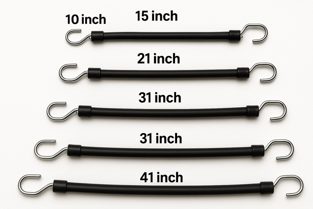 black Rubber bungee straps with silver s hook ends in lengths of 10", 15", 21", 31", 41" - HD Truck Source