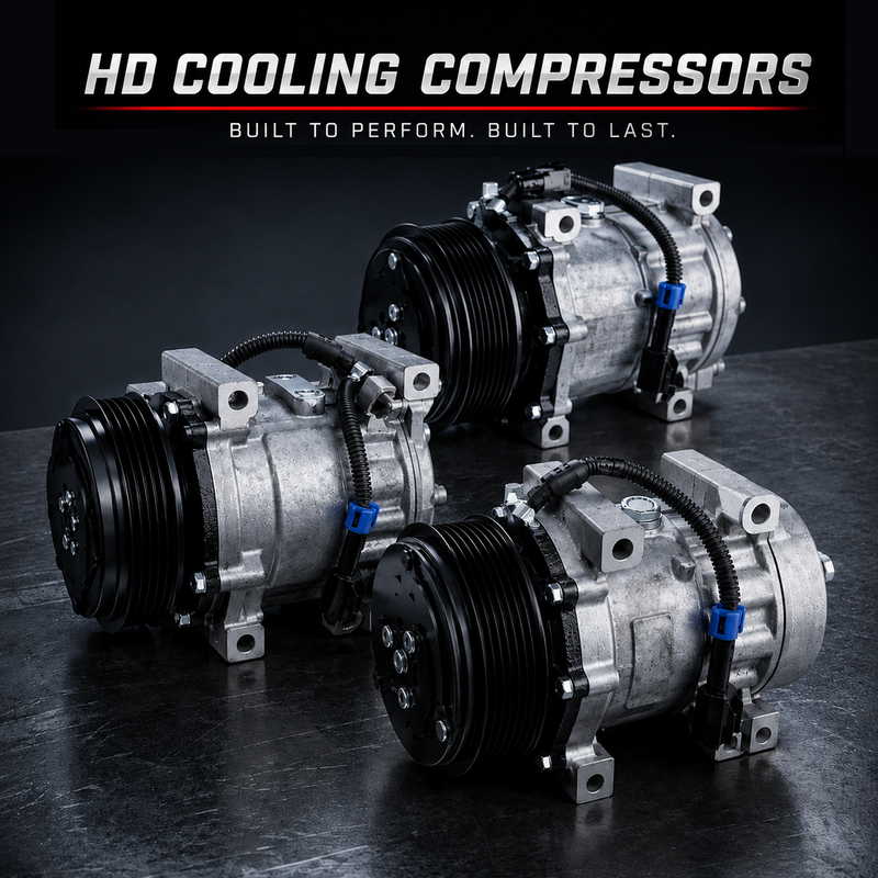 Three HD cooling compressors on a dark surface with promotional text above.