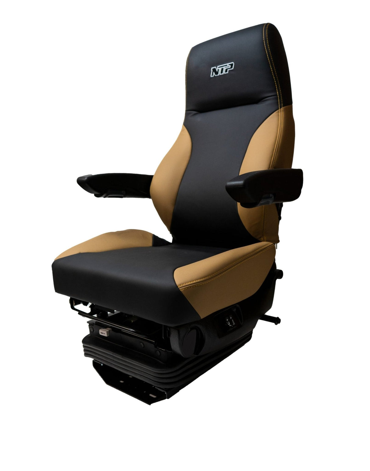 Universal Semi Truck Power Seat w/Arm Rests - Black & Tan - HD Truck Source